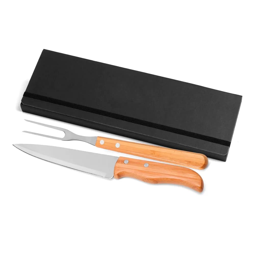 Conj. De Garfo E Faca Inox / Bambu Com Estojo Preto - 3 Pçs PB-31063