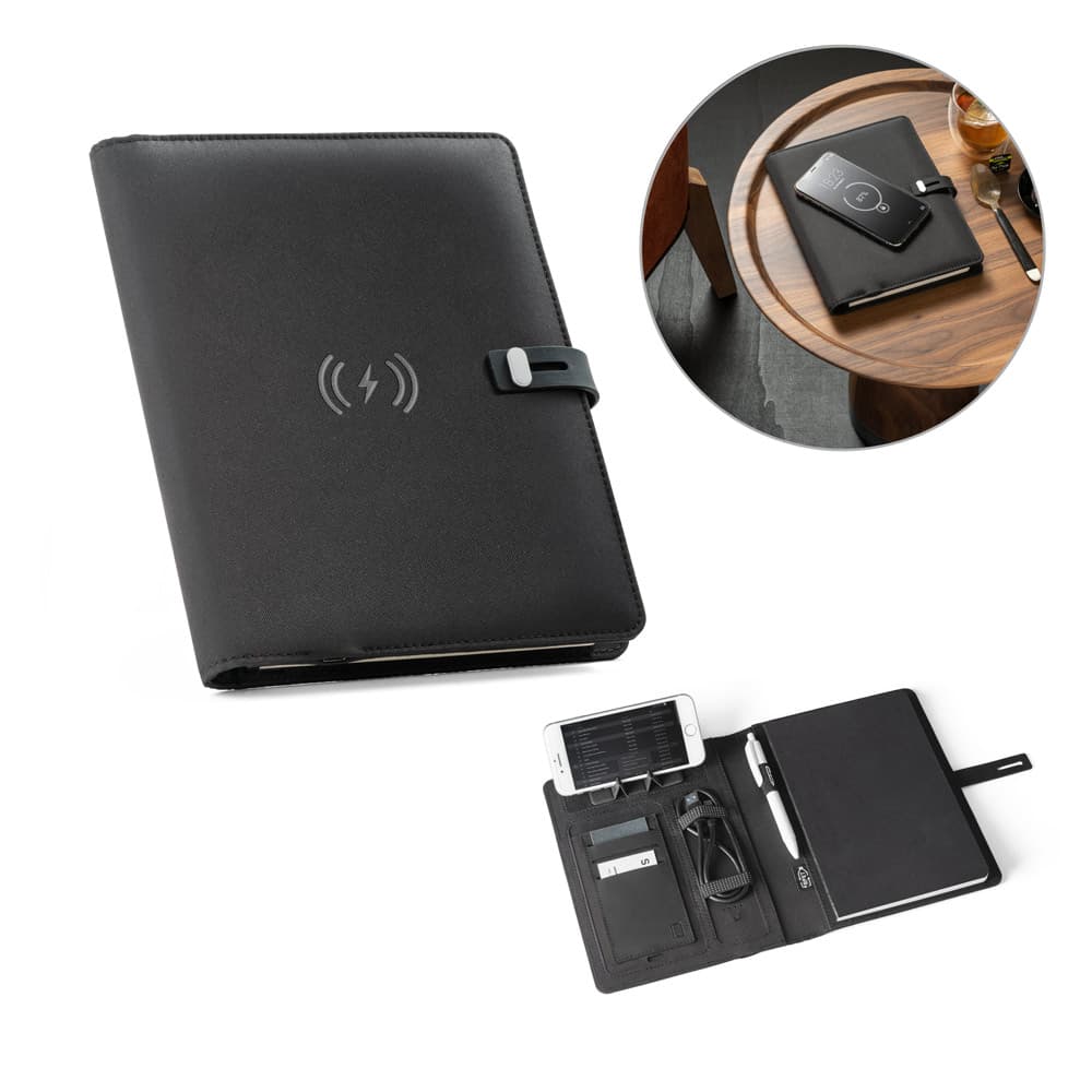 ELEVATE A5 FOLDER. Pasta A5 em 300D Poliéster com Carregador Wireless 53581
