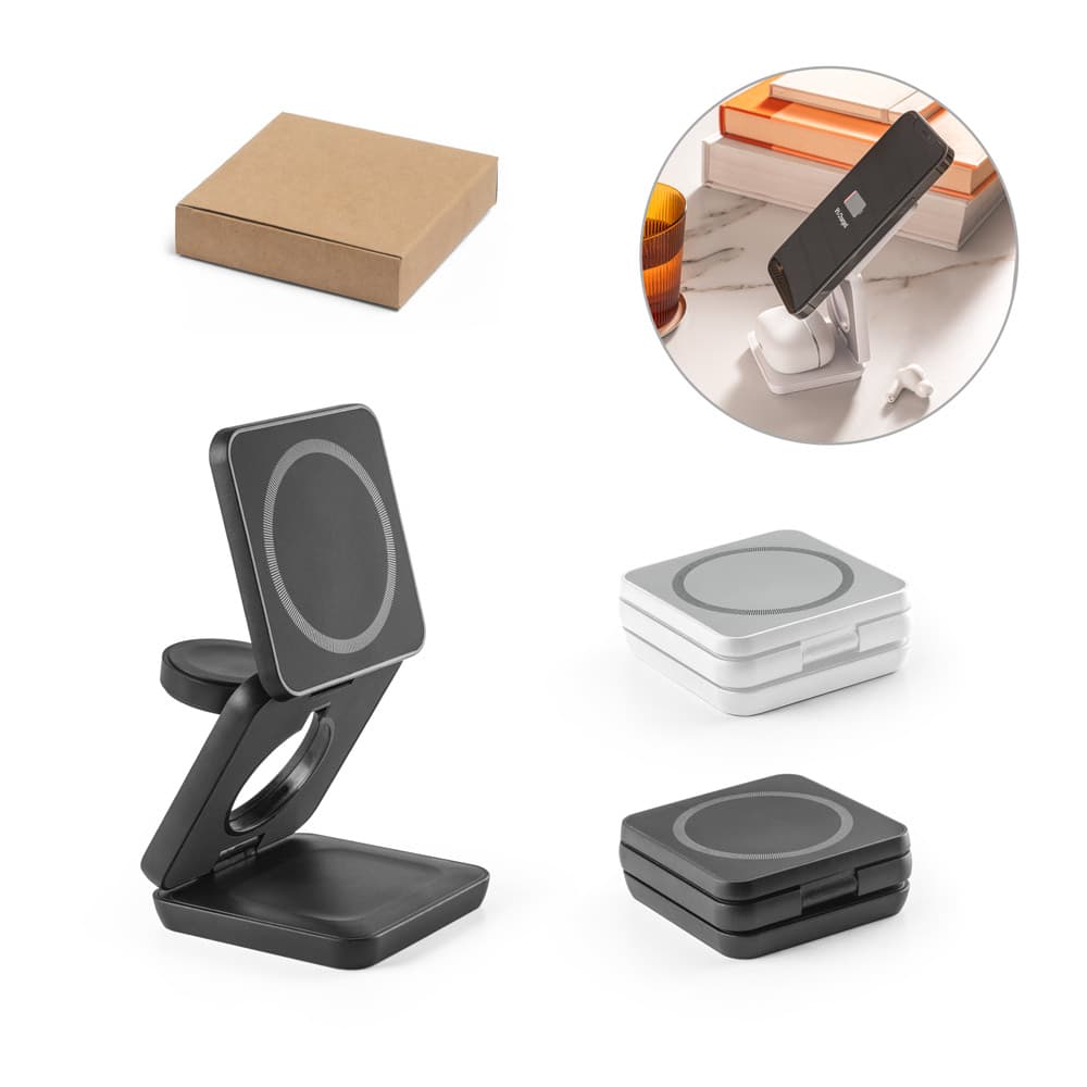 BROGLIE. Carregador Magnético Wireless Super Rápido Dobrável Em ABS 100% Reciclado Que Permite Carregar Três Dispositivos Simultaneamente 97169
